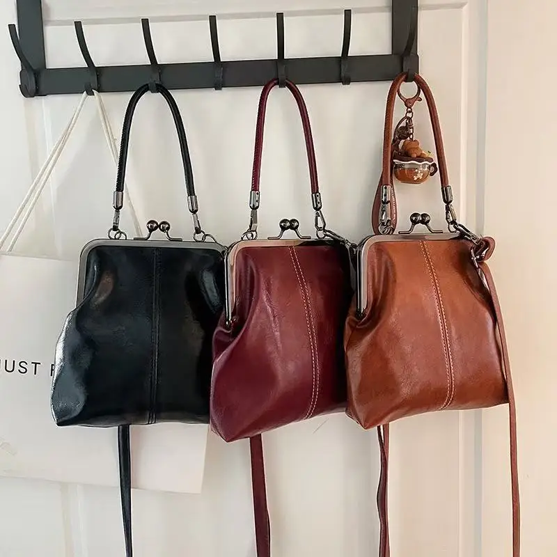 Three Vintage Kiss Lock Handbag Timeless Elegance in Black, Burgundy, Brown Versatile Styles Faux Leather Shoulder Crossbody Bag