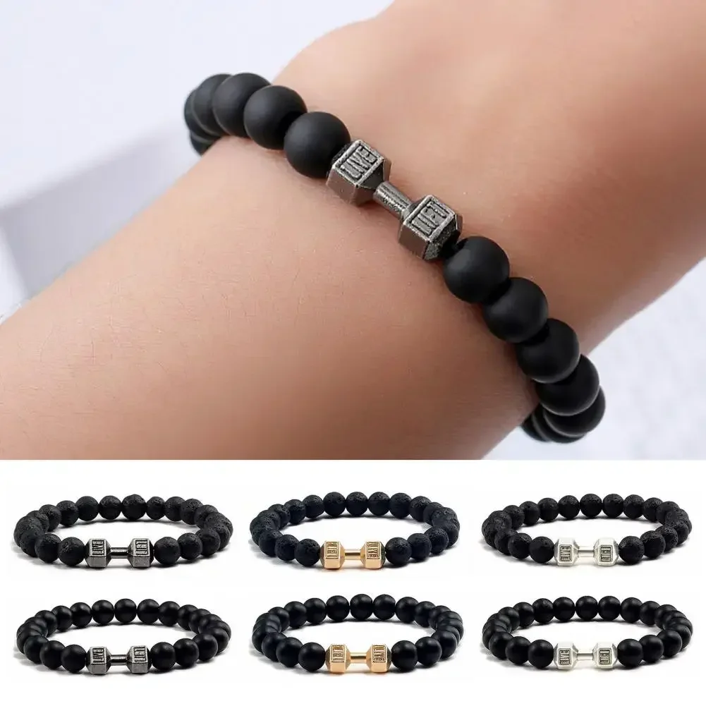 Bangle Bracelet Stone Bracelet Beaded Bracelet Bead Bracelet Men Bracelet Dumbbell Decor Vintage Matte Finish Handmade Elastic Decoration Accessory Round Loose Stone Beads Bracelet Jewelry