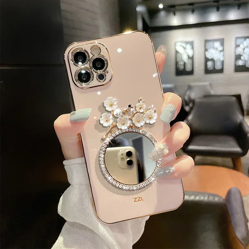 

Flowers Glitter Mirror Plating Phone Case For Samsung Galaxy S23 S22 S21 S20 Ultra FE S23 Plus Soft Shockproof Silicone Cover