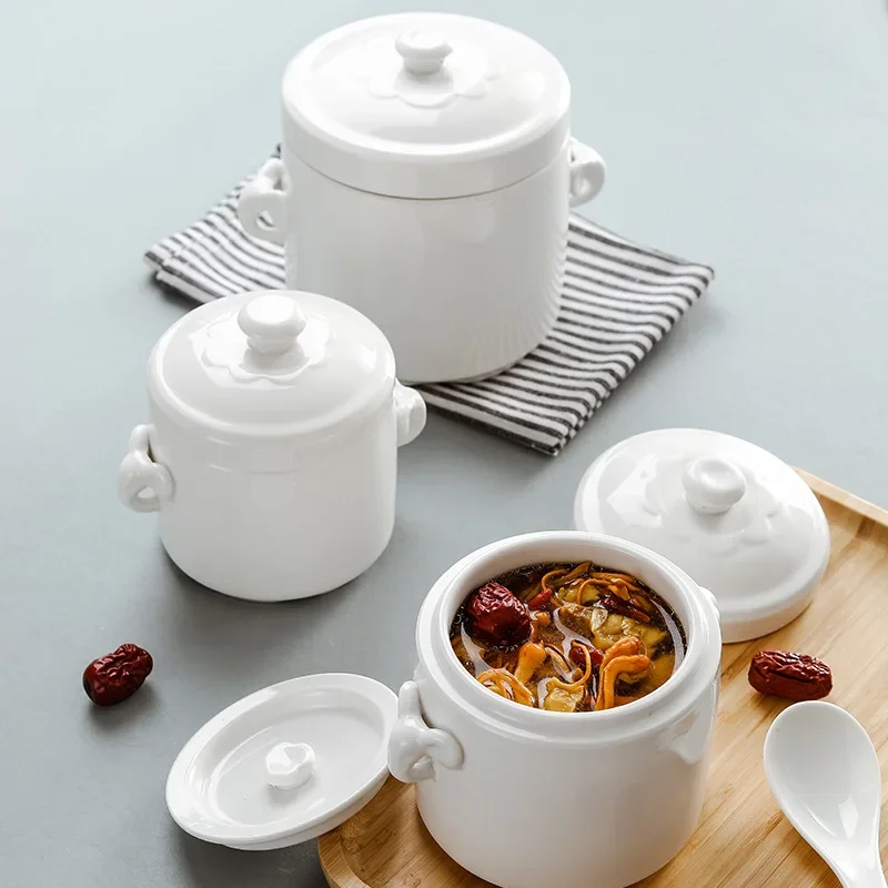 Stew Pot Ceramic with Lid Double Lid Water-proof Stew Household Bird's Nest Soup Cup Steamed Egg Bowl Liner Simmer Soup Clay Pot ceramic tableware set