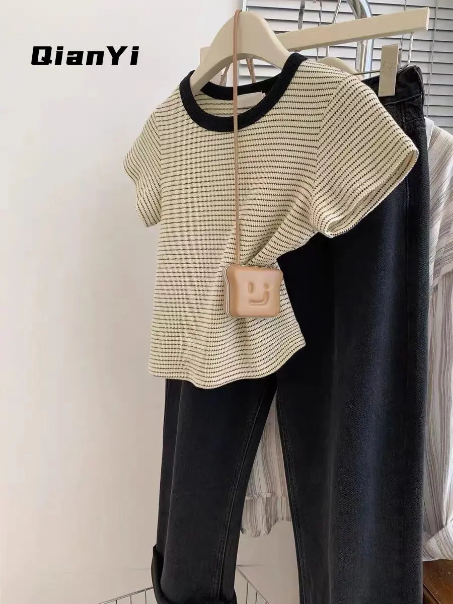 

Хлопковая полосатая футболка с коротким рукавом и передним плечом для женщин, летний облегающий дизайн, короткий топ с круглым вырезом