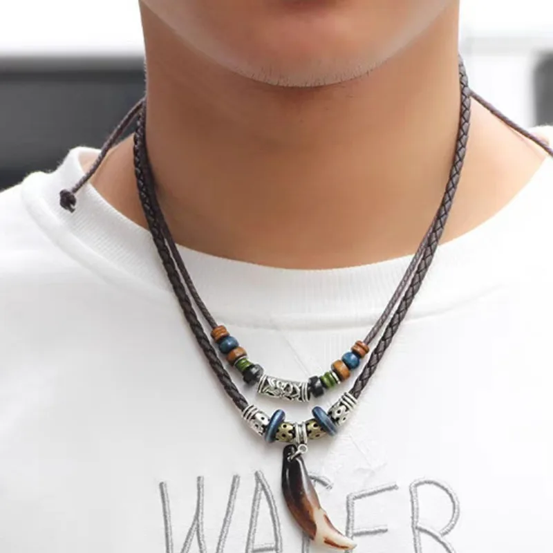Ethnic Wolf Tooth Necklace Vintage Tribal Leather Braided Beaded Neck Chain Accessory Multi-layer Dogtooth Pendant Jewelry Gifts