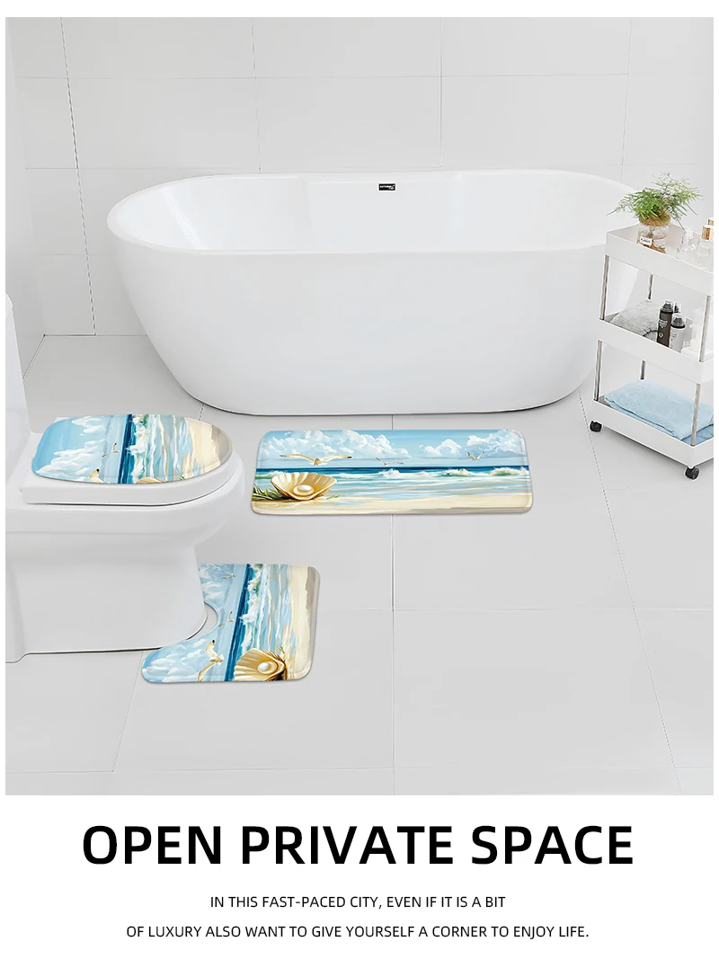 Description Picture 3 of itemWashable 3-Piece Bathroom Rug Set Non-Slip Ocean Theme Toilet Mat Bathtub Foot Pad Door Mat Flannel Decor with Shell Print
