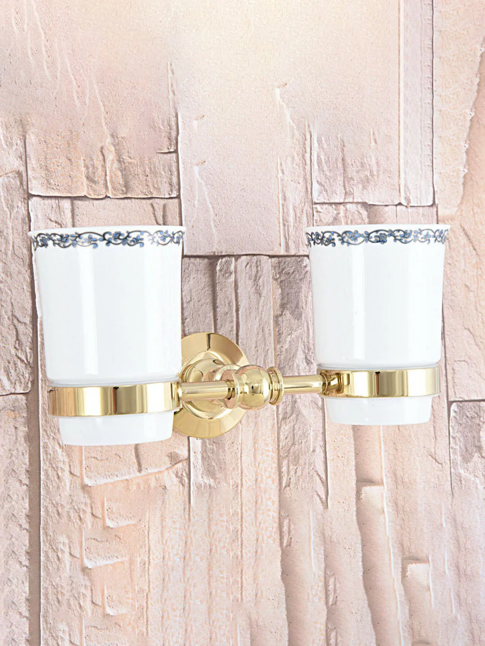 Golden Brass Wall Mounted Double Toothbrush Holders With 2 Creamic Cups Tooth Cup Holders For Bathroom Accessories zba316
