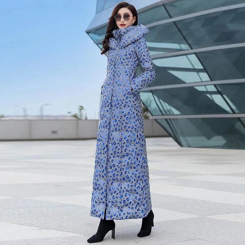

Down Cotton Jacket Women Winter New Leopard Print Fluorescent Glossy Padded Coat Female Large Size Over Knee Hooded Thick Parkas