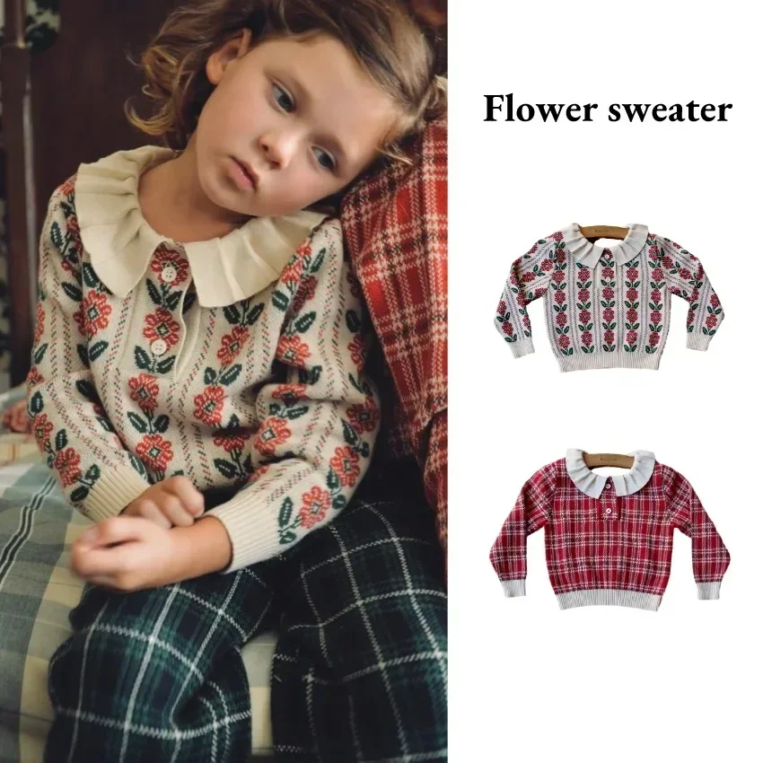 

In Stock! Girls' Sweater 2023 Autumn/Winter BD Pastoral Kids Flower Plaid Ruffle Collar Pullover Knit Clothes