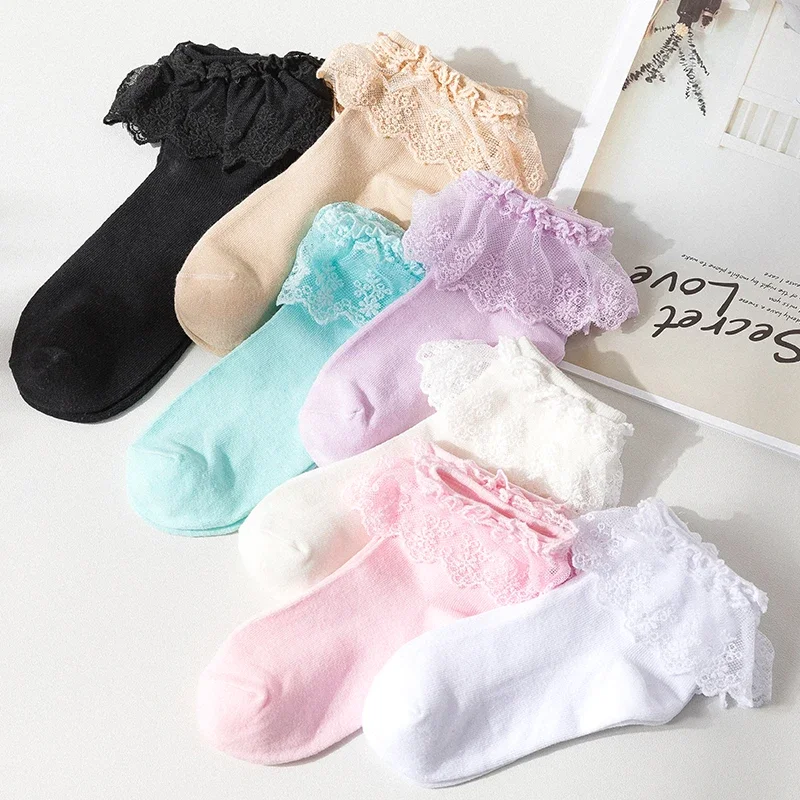 

Frilly Lolita Socks Ruffle Princess Cotton Ankle Socks Ladies Girl's Lace Soft Comfortable Candy Color Middle Tube Hoseiry