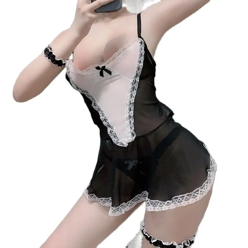 

Plus Size See-through Maid Uniform Lace Maid Passion Suit Hot Temptation Pornographic female sexy suit role-playing is hot