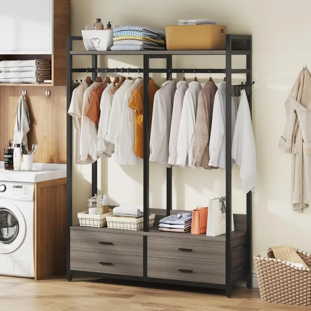 New2025-Freestanding Closet Organizer for Hanging Clothes, Heavy Duty Garment Rack with 4 Drawers, 8 Hooks and Storage Shelves,