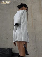 Clacive Fashion Stripe Print 2 Piece Sets Women Elegant Slim Long Sleeve Irregular Top With High Waist Shorts Set Streetwear - Image 2