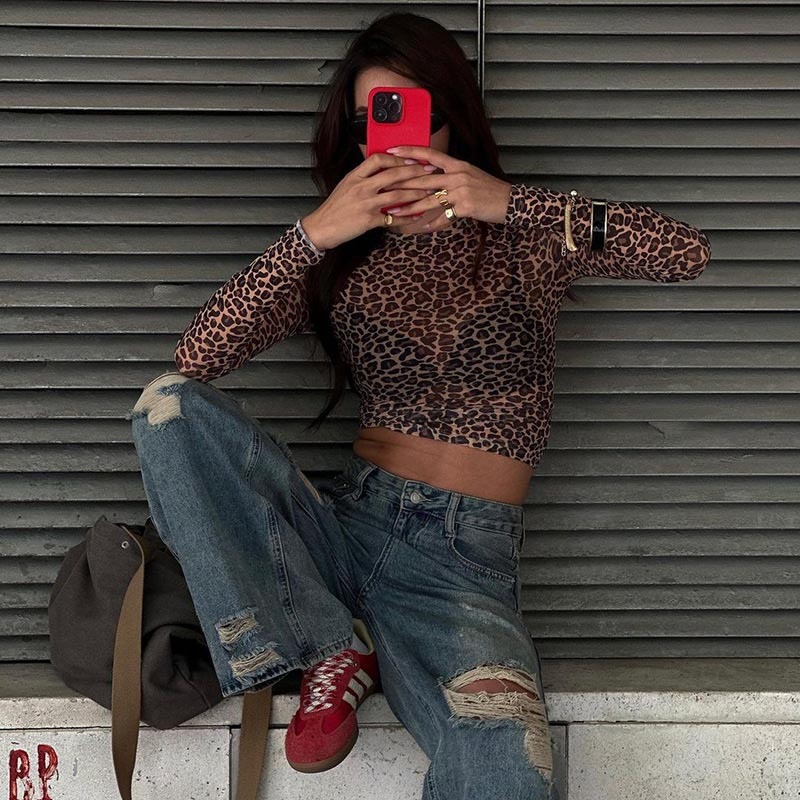  Sexy Long Sleeves Tops Mesh T Shirt Leopard Printed Bodycon Women Clothes Lady Party Club Streetwear Casual Nightout Y2K 