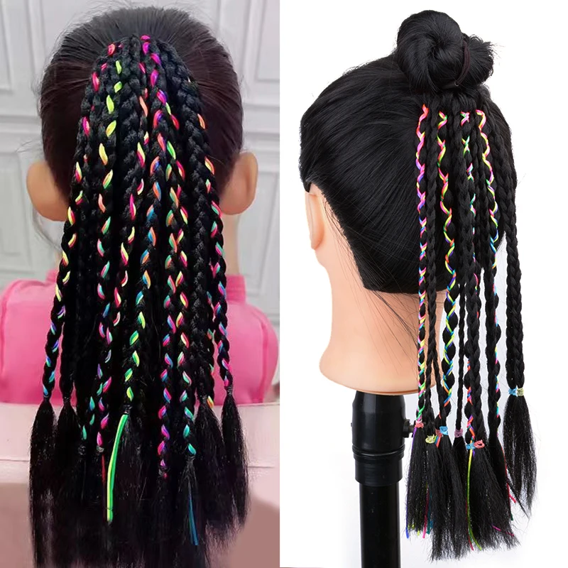 

Цветные плетеные аксессуары для волос для девочек, радужные грязные косички в коробке с резинками, 12-дюймовый Плетеный парик, головной убор для конского хвоста