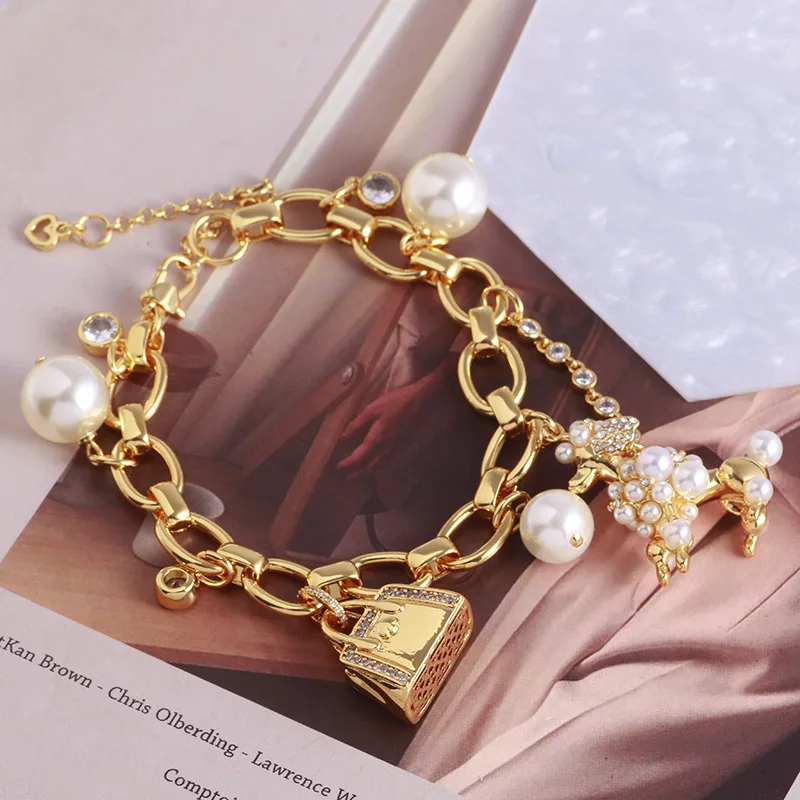 Europe and the United StatesEnamel glaze cute three-dimensional handbag cute dog Pearl pendant bracelet