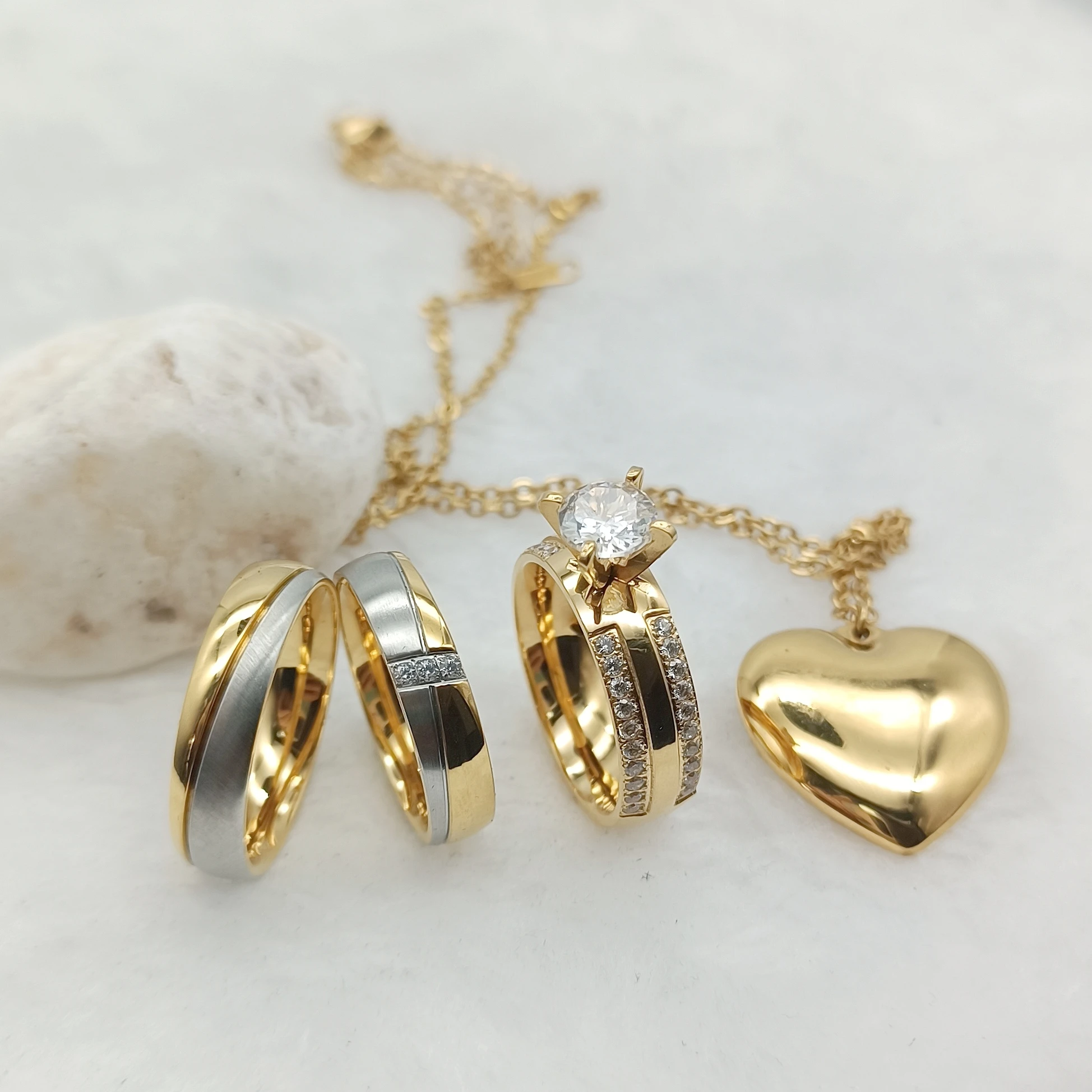 

Wedding And Engagement Rings Set Matching Cz Diamond Jewelry Sets Women Stainless Steel Pendant 24k Gold Plated Rings Couples