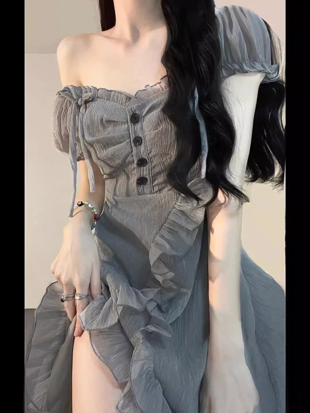 

Платье для девушек с французскими оборками, летнее нишевое Модное Длинное Платье, элегантное и красивое Серое Женское платье