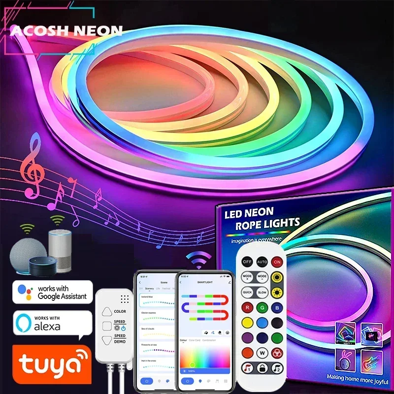 TUYA Neon LED Strip Lights 12-24V 84LEDs/M WIFI Neon Rope Light with Music Sync RGBIC Dreamcolor Chasing Strip Tape for Room