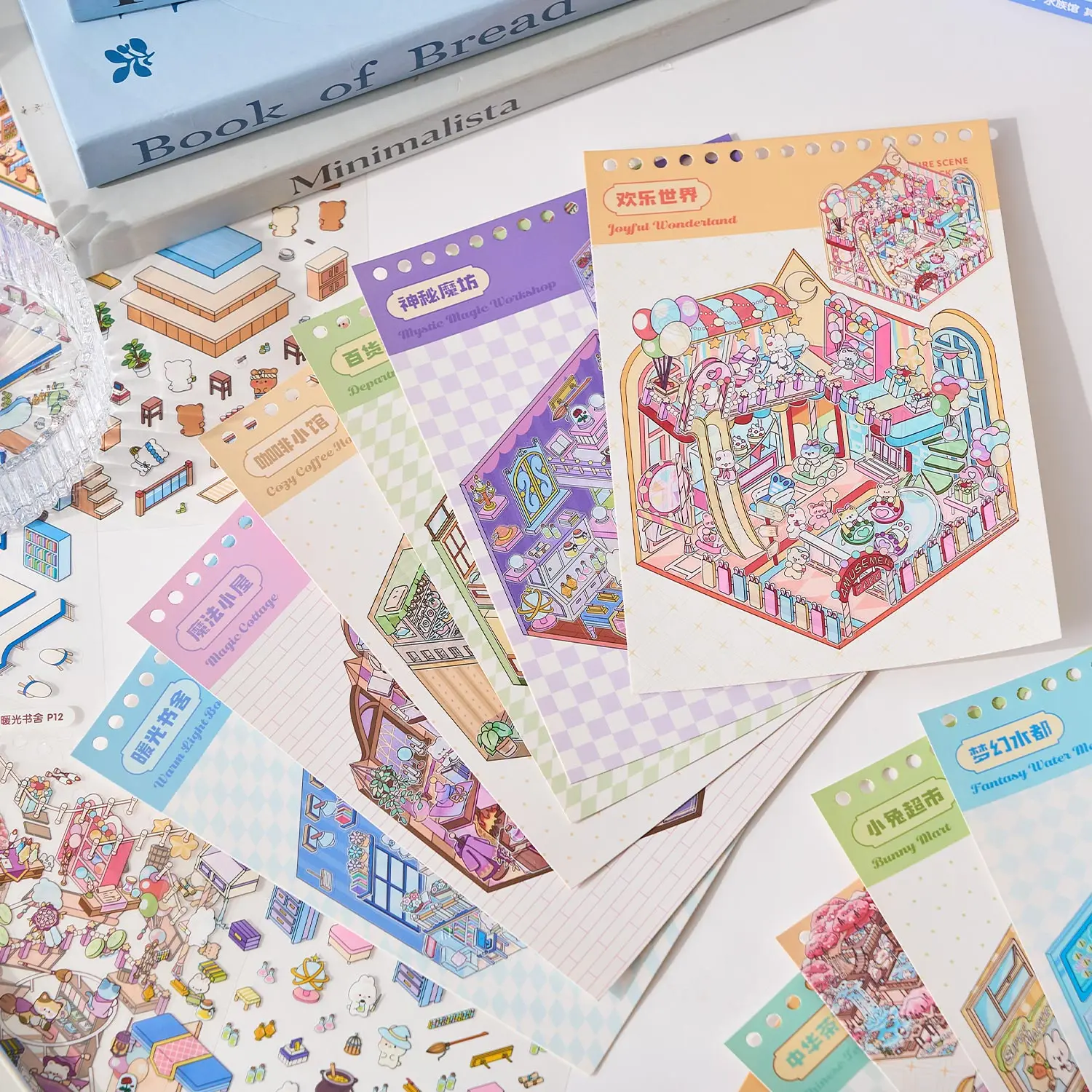 Mr.Paper 49Pcs Kawaii 미니어처 3D 장면 스티커 도서 어린이를위한 귀여운 상업 도시 조경 스티커 스크랩북 저널 공예