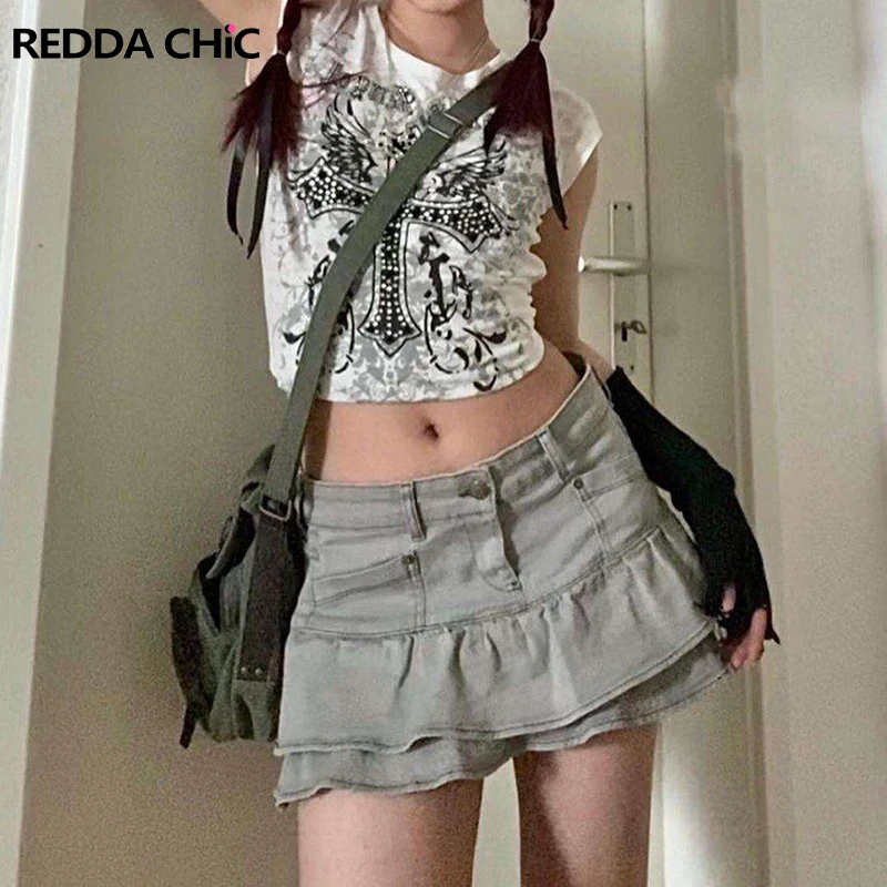 

ReddaChic Acubi Fashion Women Denim Mini Skirt Low Waist Layered Ruffle Skirt Retro Gray Harajuku Summer Grunge Y2K Jean Bottoms