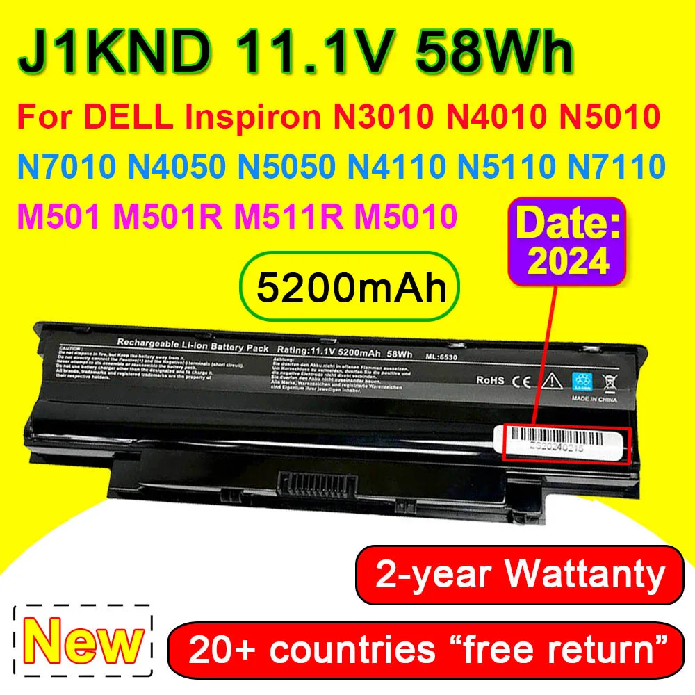 

Аккумулятор J1KND для ноутбука DELL Inspiron N3010 N4010 N5010 N7010 N4050 N5050 N4110 N5110 N7110 M501 M501R M5010R, 11,1 В, 5200 мАч
