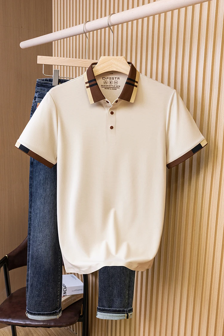 Hochwertiges Herren-Poloshirt mit kurzen Ärmeln, Sommer, luxuriös, Business-Casual, modisch, atmungsaktiv, farblich abgesetzt, mit Reverskragen. – Detail 31