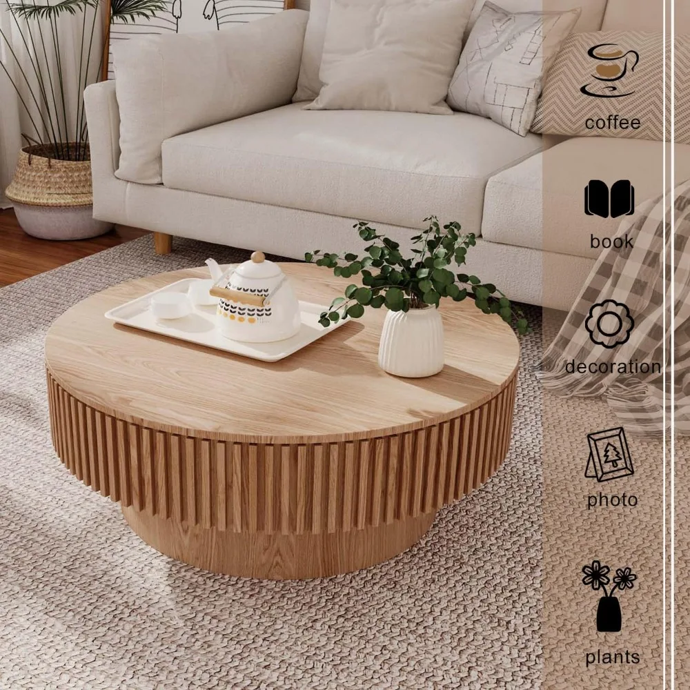 31.5'' Round Coffee Table with Storage, with Solid Wood Veneered, Circle Center Table Tea, Café Tables 5