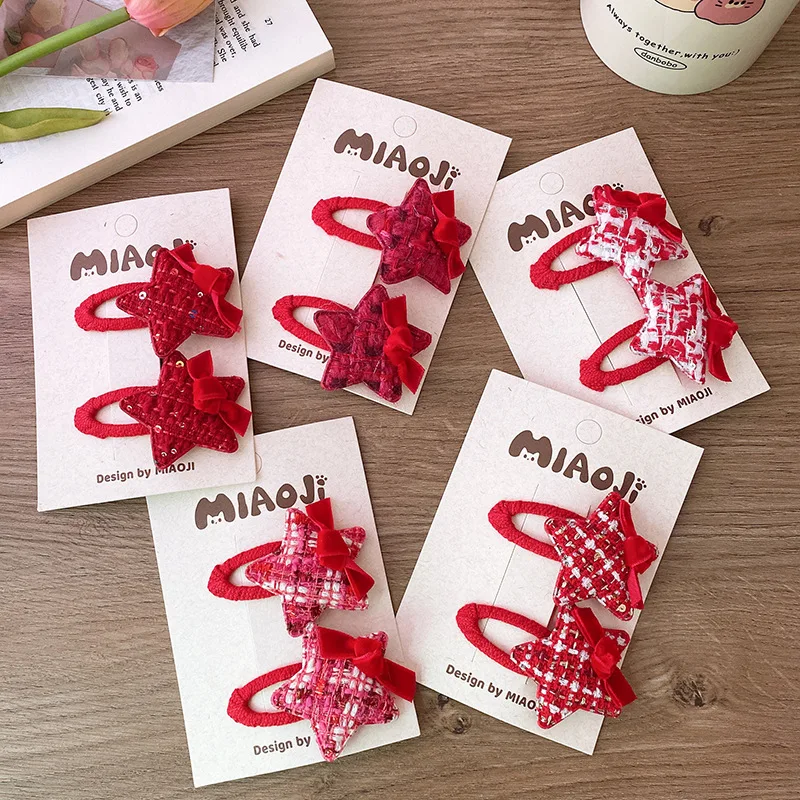 

Red Retro Woolen Children's Hairpins Cute Plaid Five-Pointed Star Hair Clips 2024 New Year and Christmas Hair Accessories