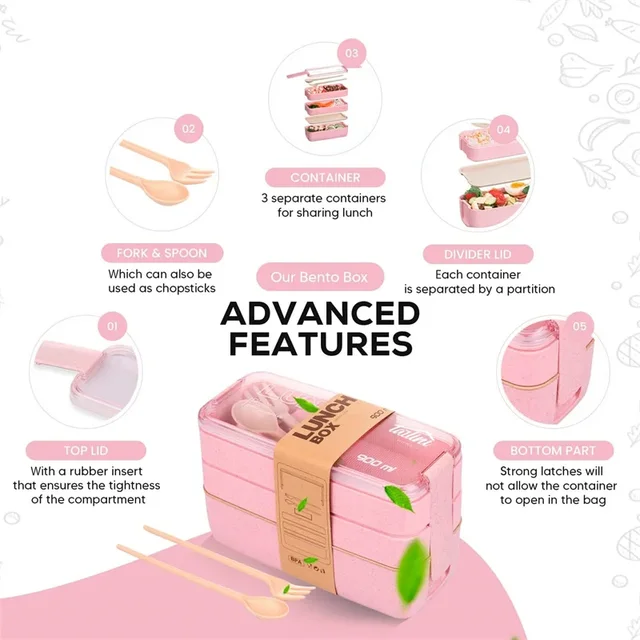 Boîte à Bento en paille de blé à compartiment 3 en 1, vaisselle réutilisable, conteneurs à déjeuner, conteneurs de repas et de collations, boîte à déjeuner Portable 4