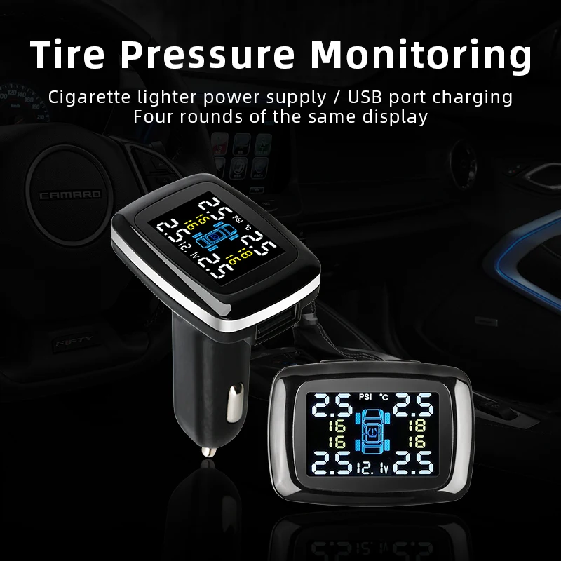 Car TPMS Tire Pressure Monitoring System Sensors Cigarette Lighter with USB Port Tpms Control System Auto Security Alarm