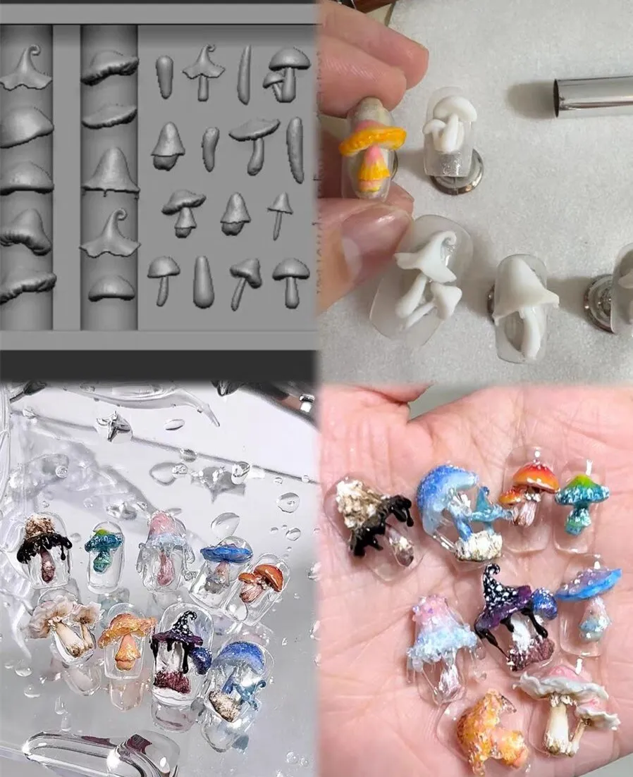 1pc Nail Art Mold Lolita Bow Mushroom Crow Chain Rose Snake Lotus Bear 3D Acrylic Nail Decorations DIY Silicone Nails Products