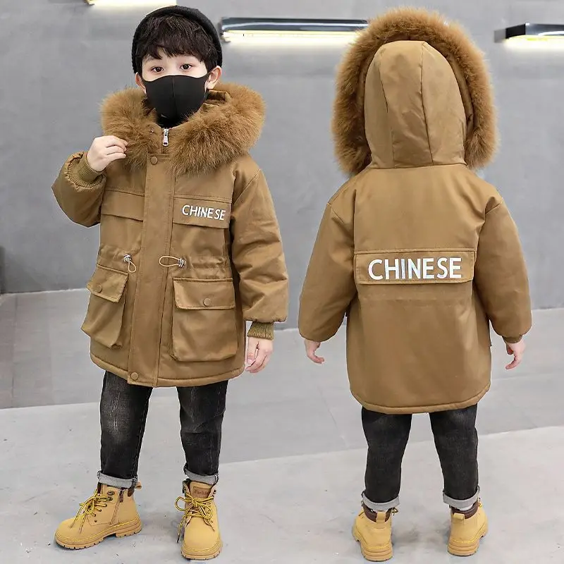 

2023 New Autumn Winter Warm Boys' Fleece-Lined Jacket Cotton-Padded Clothes Thickened Parka Winter Clothes Handsome Children's