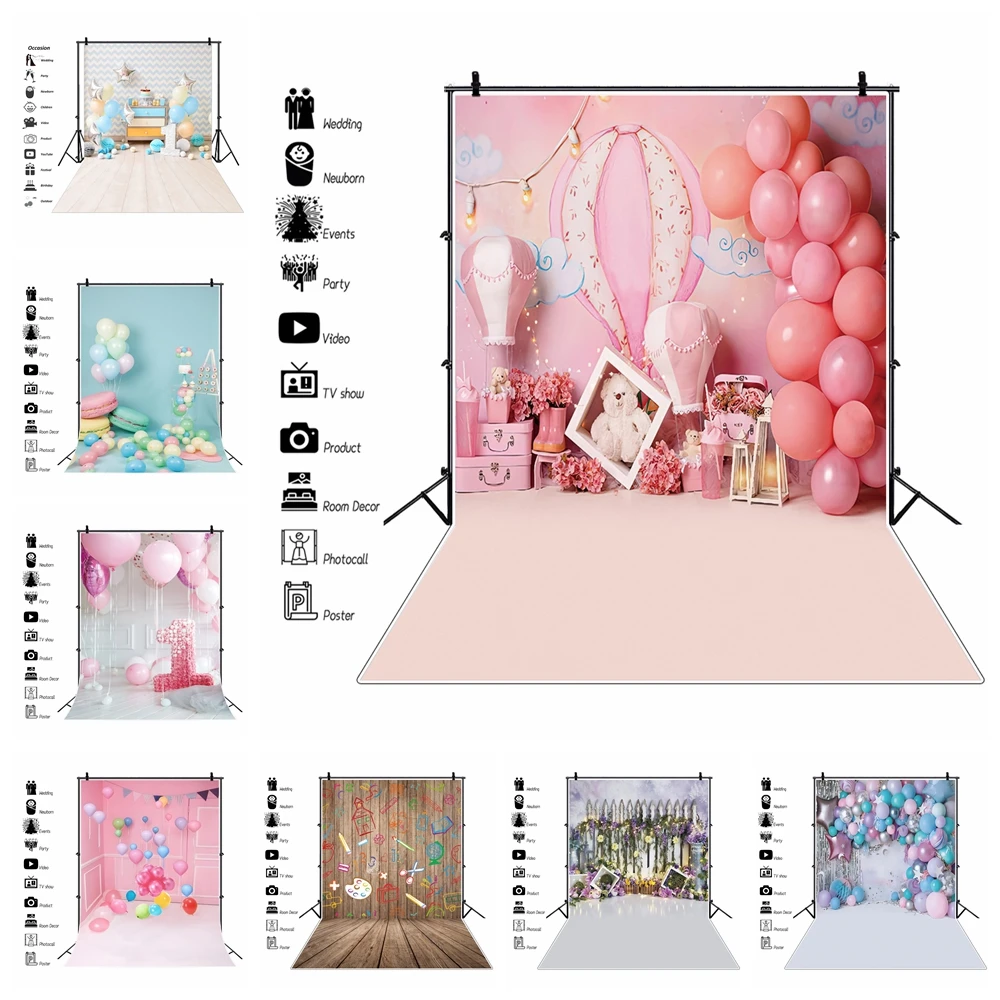 Décors de fête de 1er anniversaire pour nouveau-né, ballons colorés,  fleurs, gâteau bohème, décor de table, arrière-plans de photographie,  accessoires photo