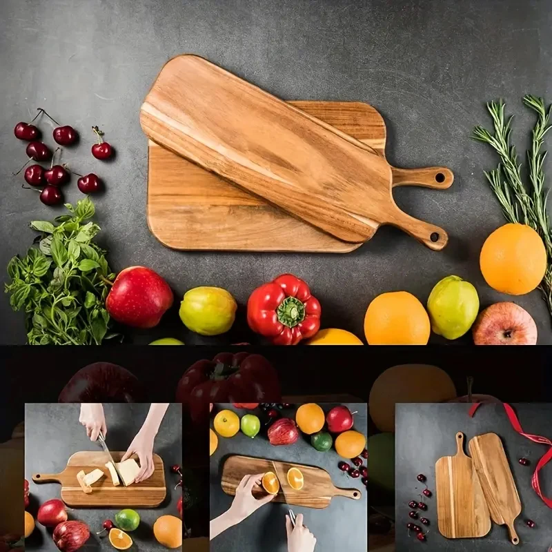 1pc Long Handle Acacia Wood Cutting Board Kitchen Solid Wood Cutting Board Cake Dessert Tray Food Boards Kitchen Supplies cutting board