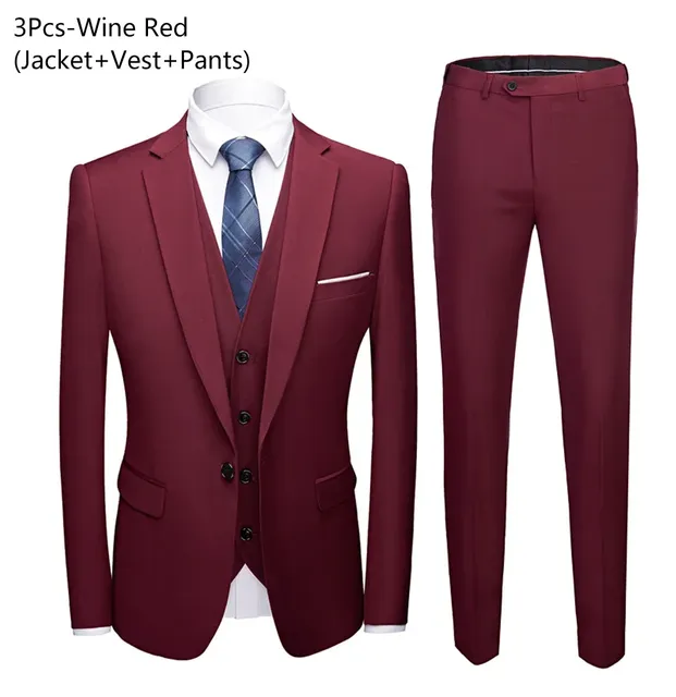 Wedding Suit For Men Set Elegant Blazers Formal 3 Pieces Full Jackets Vest Pants Classic Business Coats 2024 Free Shipping - Claret 3-piece suit, M (45-50KG)