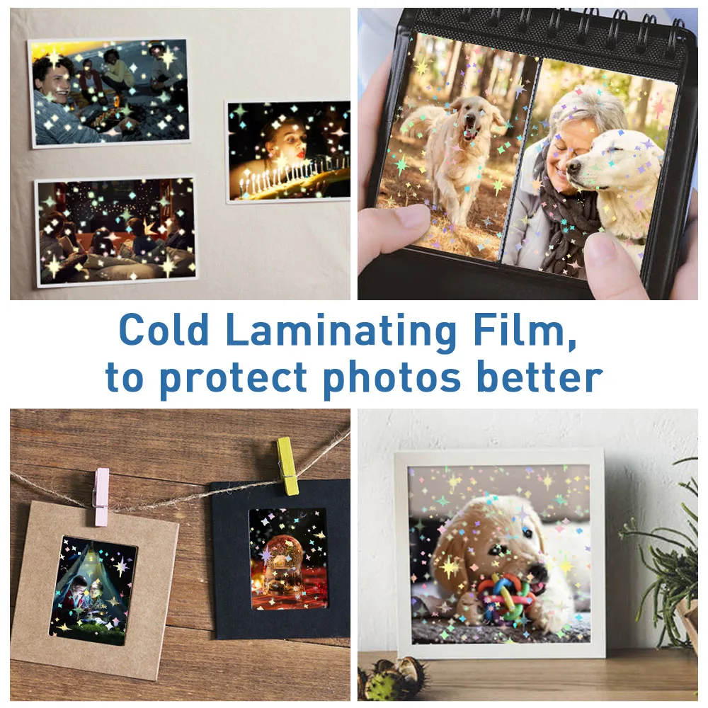 Adhesive Cold Laminating Film A4 Paper Holographic Film Stars Glass Heart Glitter to DIY Color Photo Laminating Lamination Film 50 Sheets