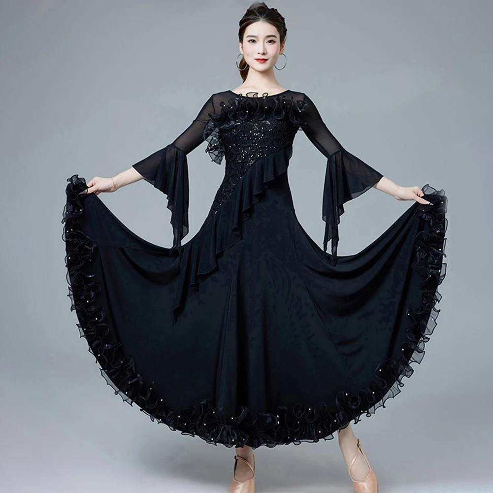 Ronde Hals Standaard Ballroom Dansjurken Dames Perspectief Lange Mouw Moderne Waltz Tango Performance Competition Dancewear Foxtrot Flamenco Rok A-Lijn,zwart,S
