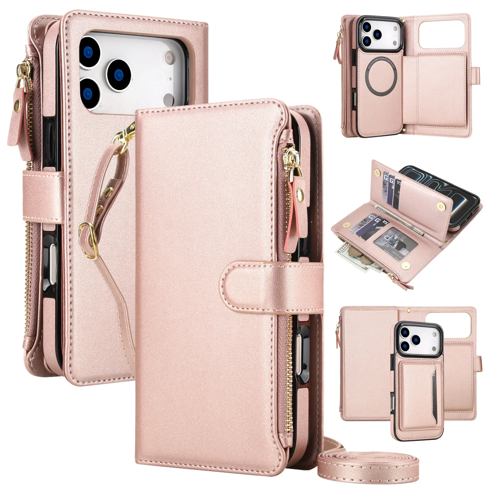 Enhanced Magnetic Artificial Leather Wallet Case with Zipper Pocket