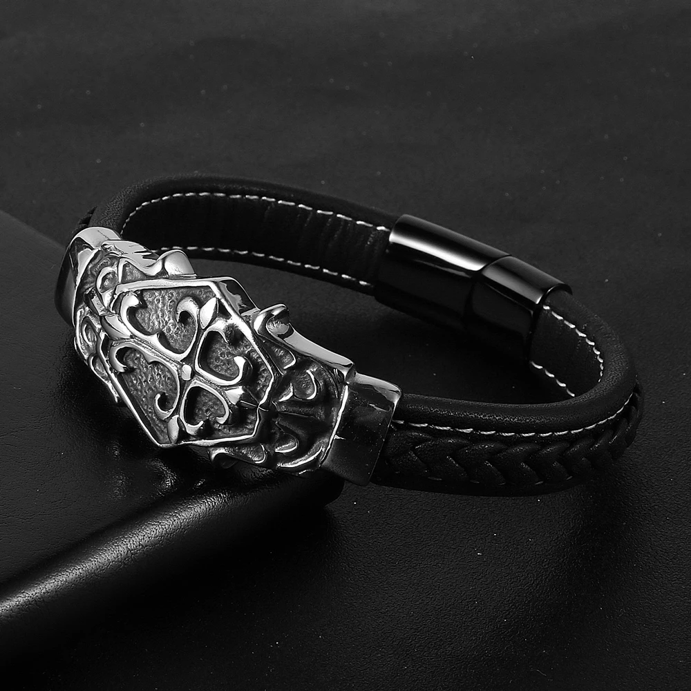 Nabest Vintage Brown Black Genuine Leather Bracelet for Men Cross Bracelets Silver Stainless Steel Charm Magnetic Buckle Bangles