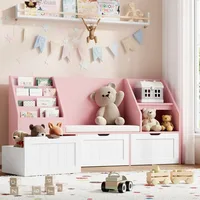 Kids Bookshelf, Toy Storage Organizer with Seat Cushion and 3 Movable Drawers, Kids Reading Nook Toy Organizers and Storage 1