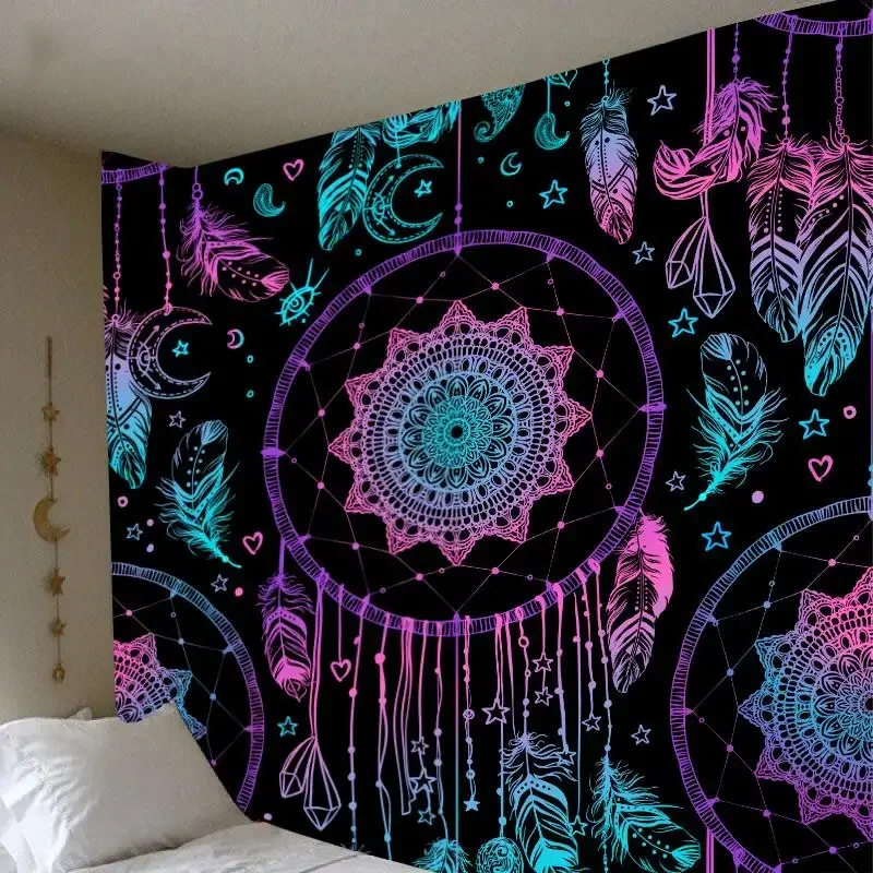 Tapestry Dream Catcher Tapestry with Moon Feathers Large Bohemian Mandala Ceiling Decor Rug Wall Grid Hippicopter