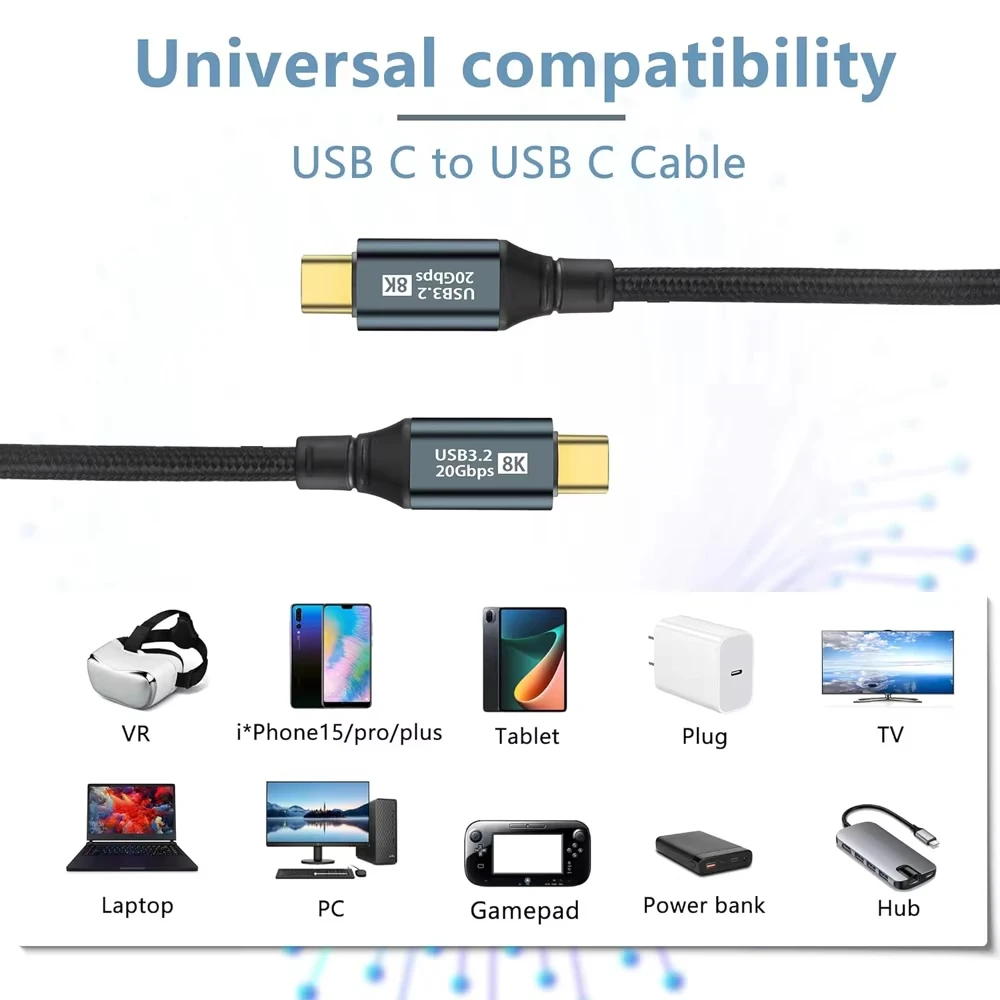 NNBILI PD100W USB3.2 Gen2 20Gbps 8K@60Hz Thunderbolt3 USB-C-C 케이블 5A iPhone 15 Pro Max MacBook PC 노트북용 고속 충전