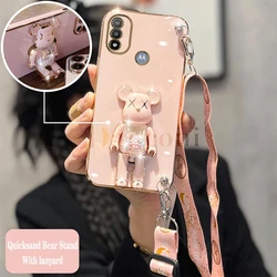 Cartoon Bear Lanyard Plating Phone Stereoscopic Holder Case - Moto E7 Plus (ZJ12 - GS03 - Pink)