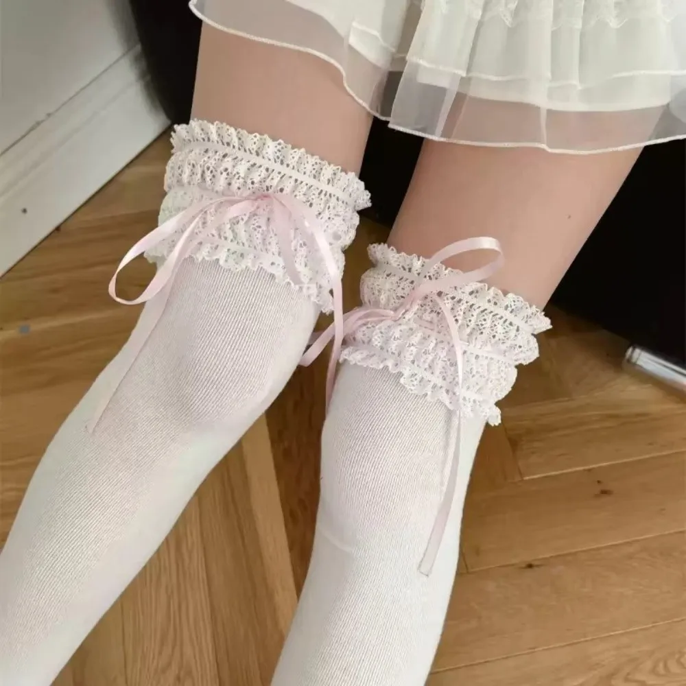 Cotton Thigh High Stockings Solid Color Lace Ruffle Women Socks