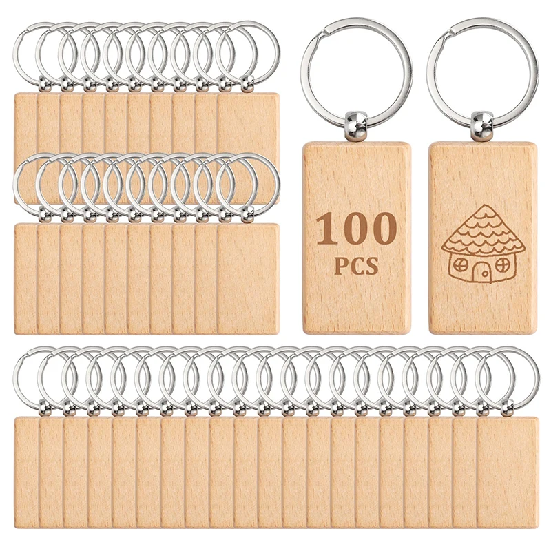 

100Pcs Rectangular Wood Keyring Wooden Keychain