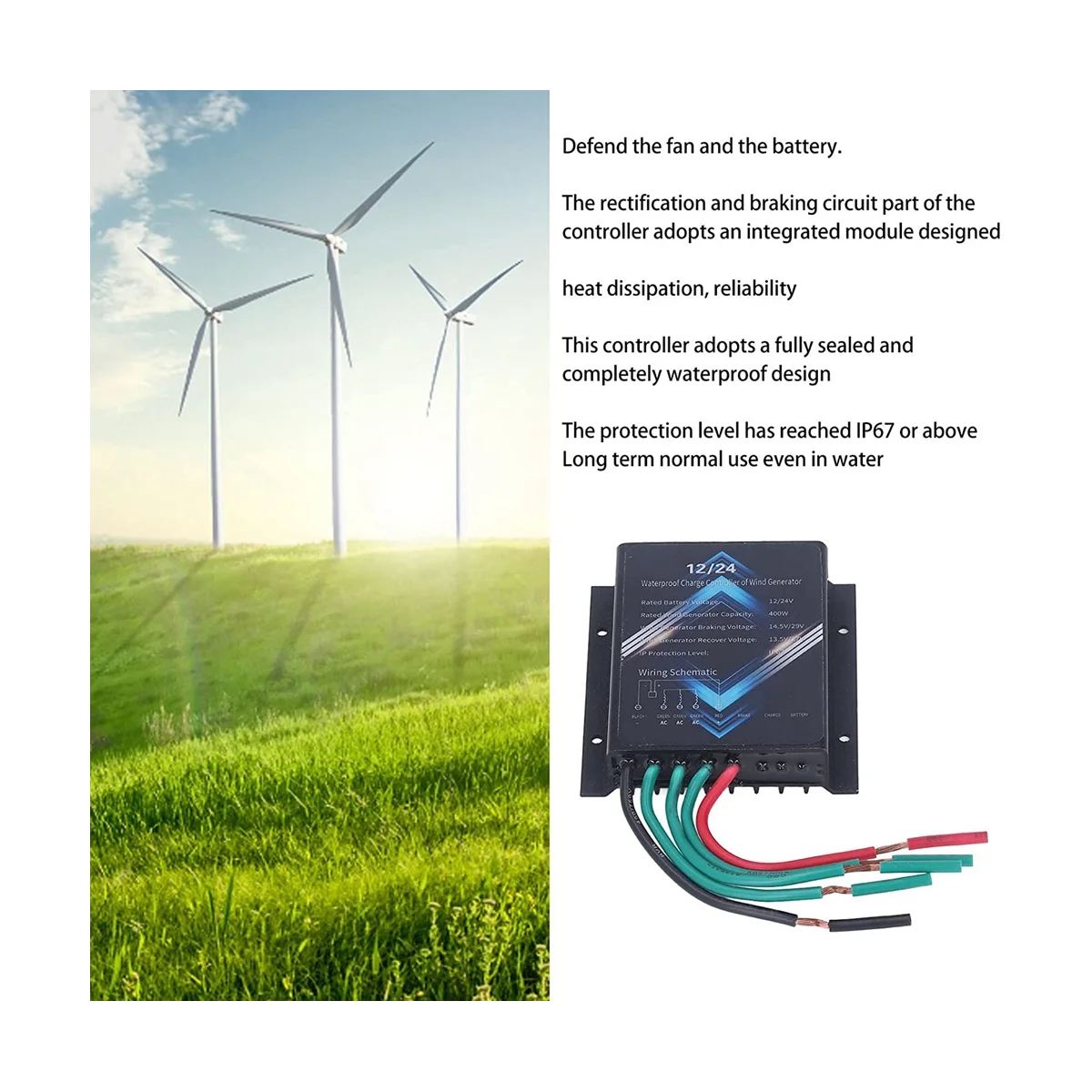 

Wind Turbine Charge Controller, 400W 12V 24V Mini Wind Turbine Generator Controller IP67 Waterproof