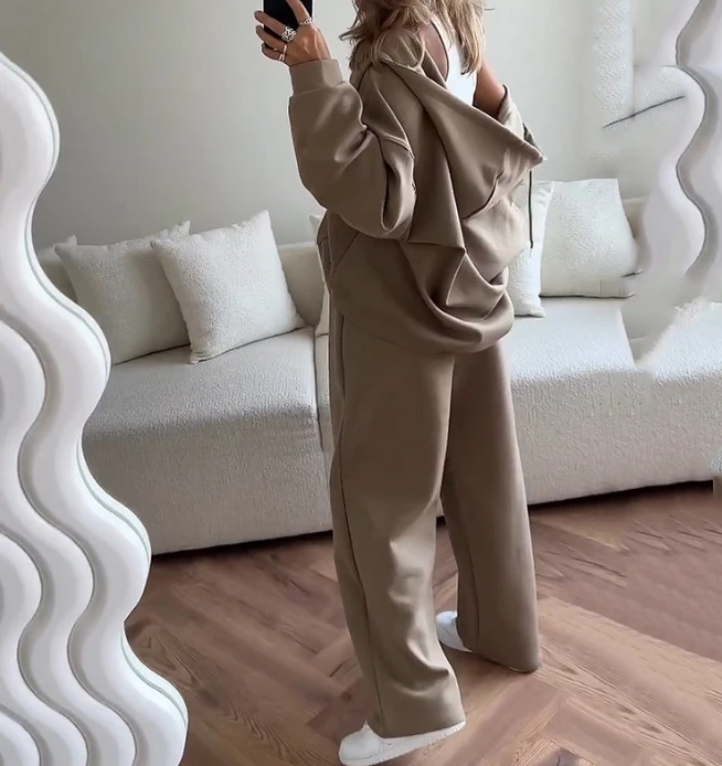 Two Piece Set Women Outfit 2024 Spring Fashion Solid Color Pocket Design Hooded Zippered Jacket & Casual Drawstring Pants Set