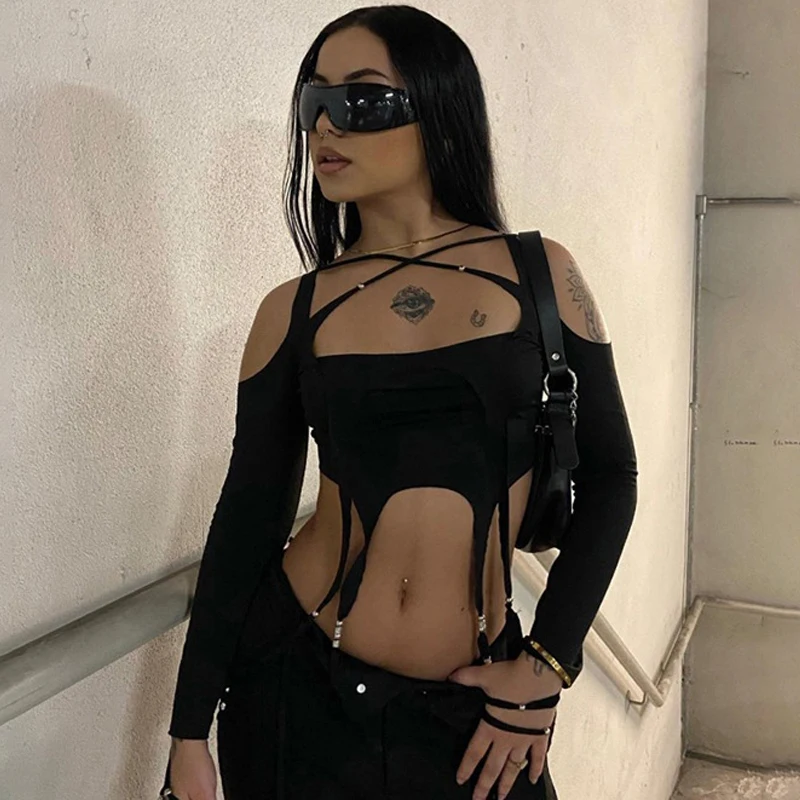 2022 Retro Grunge Cut Out Irregular Cyber Y2k T-shirt Gothic Punk Bodycon Women Sexy Crop Tops Black Long Sleeve Streetwear Tees