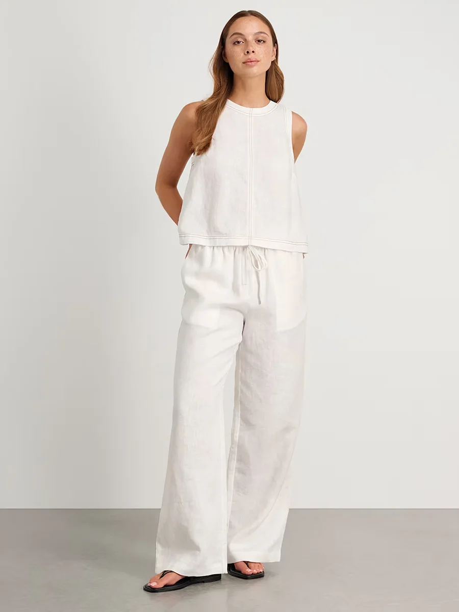 Bronladies Cotton Linen Vest Pants Set Women's Wide Leg Long Pants Sleeveless Top Casual Suit 2025 Spring Summer New Pant Sets