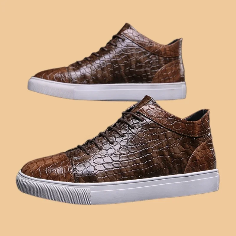 New Dark Brown Men's Vulcanize Shoes Lace-up PU Spring Autumn Black Handmade Casual Shoes for Men