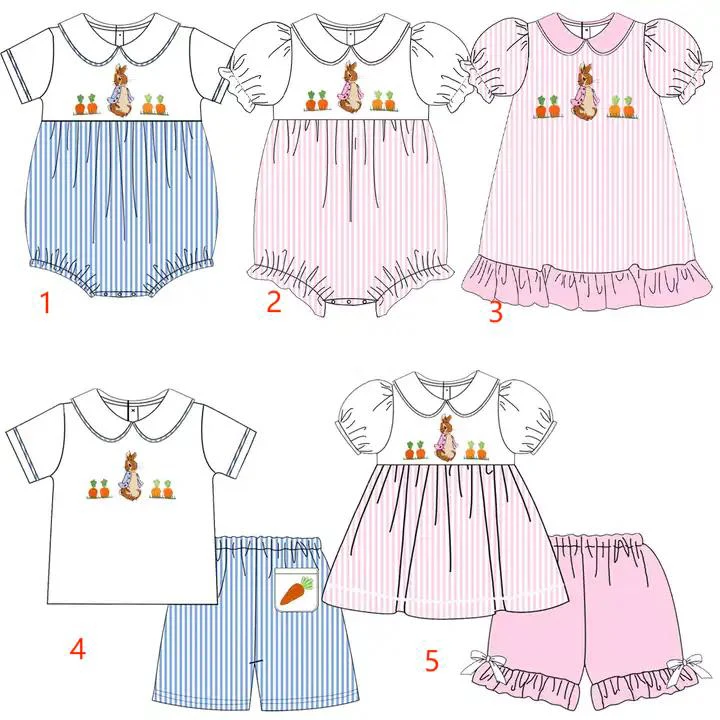 

Easter Boutique Children's Clothing Short Sleeve Lapel Rabbit Print Skirt Shorts Lace Girls Boys Striped Sets Baby Onesies Dress