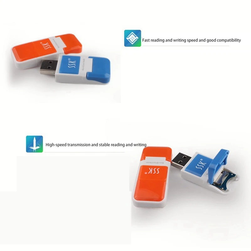 플러그 앤 플레이 USB 2.0 USB 플래시 미니 SD 카드 리더, SSK SCRS022, 480Mbps, PC 노트북용, 흰색 + 주황색